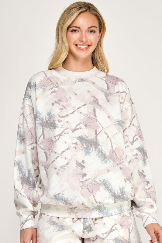 HINT OF PINK Basic Fleece Camo Relaxed Fit Crew Neck Sweatshirt