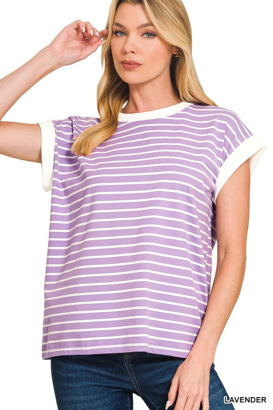 Contrast Trim Cap Sleeve Stripe Tee