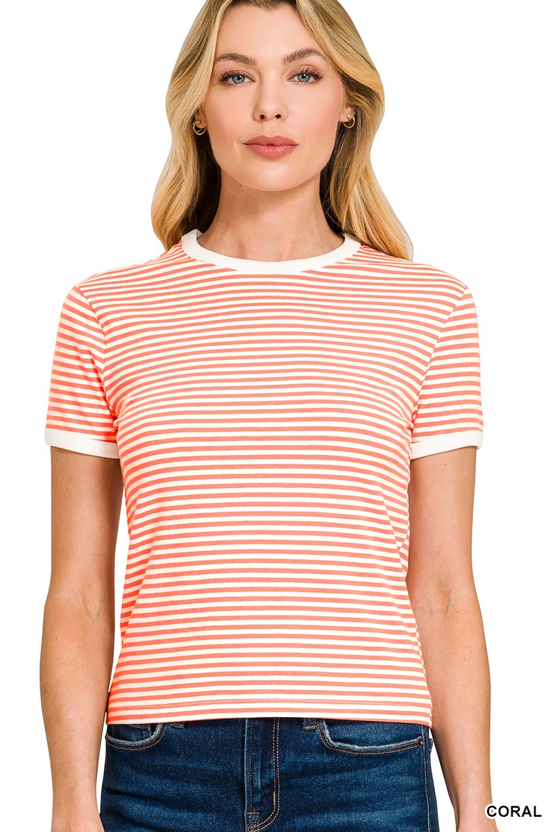 CORAL Striped Contrast Trim Tee
