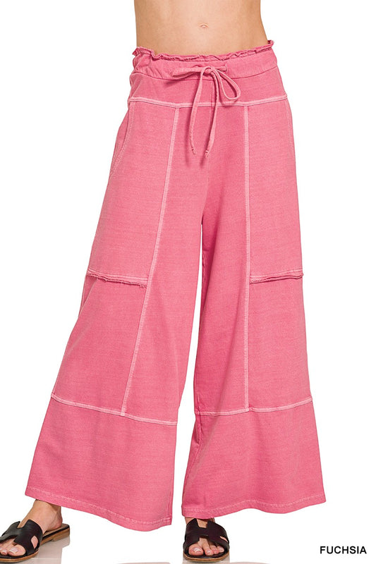 French Terry Washed Exposed-seam Wide Leg Pants FUSHSIA