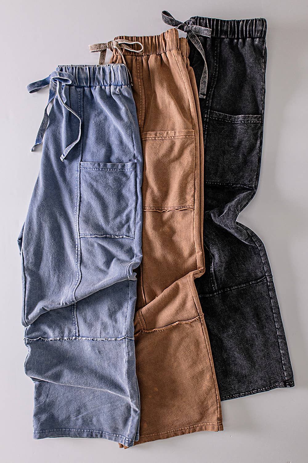 Mineral Washed Wide Leg Casual Comfy Pants: MOCHA / S-M-L/2-2-2