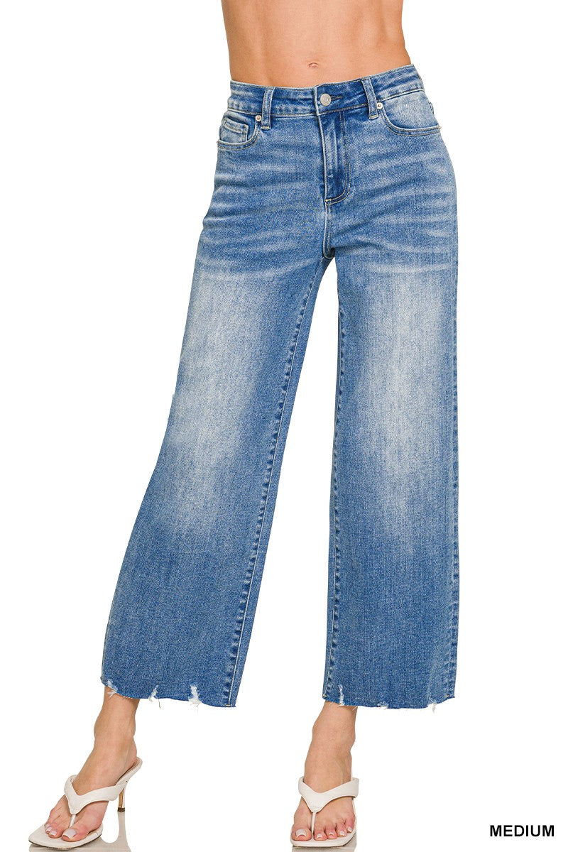 Wide-leg Raw Hem Cropped Denim Pants