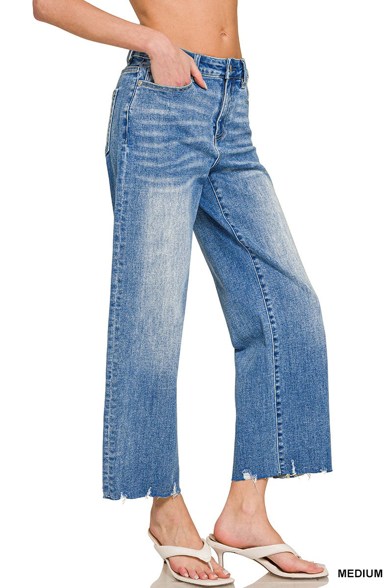 Wide-leg Raw Hem Cropped Denim Pants