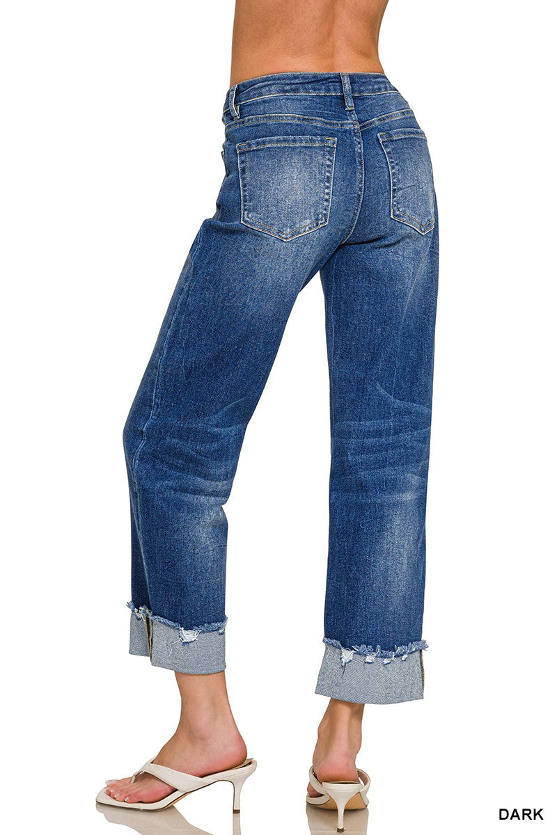 Wide Cuffed Raw Hem Denim Pants