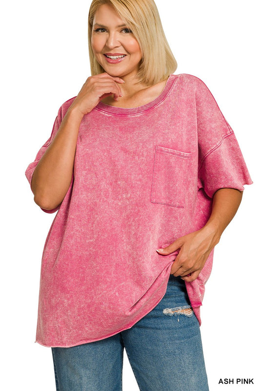 Plus French Terry Washed Drop Shoulder Raw Edge Top
