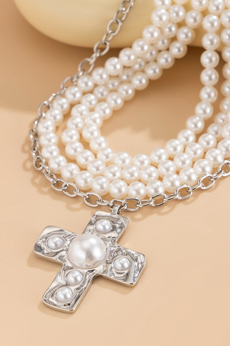 Notable Hammered Cross Multi Wrap Pearl Necklace