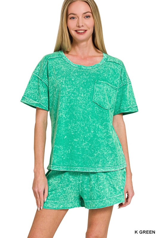 KELLY GREEN Halo Snow Washed Exposed Seam Top & Shorts Set