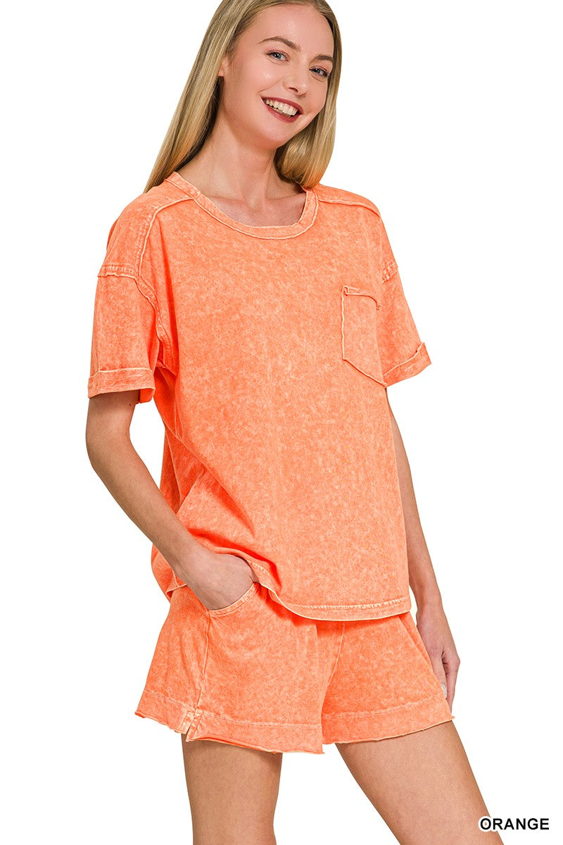 ORANGE Halo Snow Washed Exposed Seam Top & Shorts Set