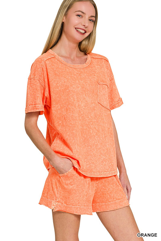 ORANGE Halo Snow Washed Exposed Seam Top & Shorts Set