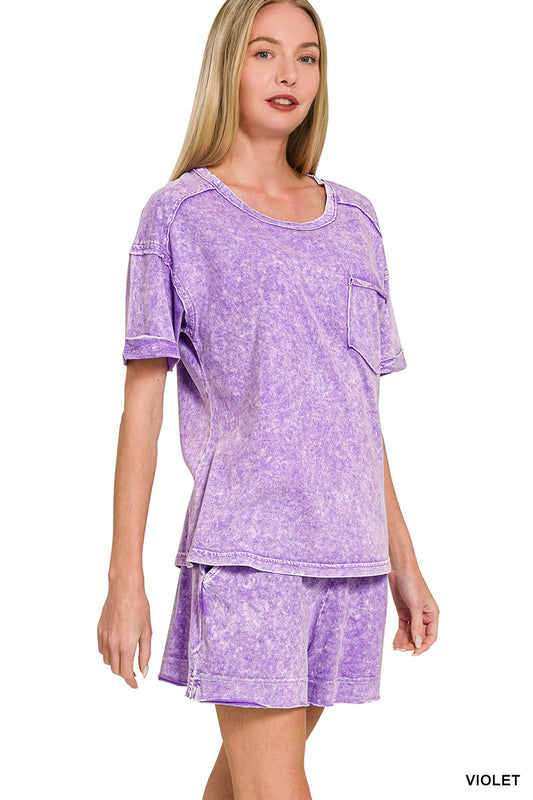 VIOLET Halo Snow Washed Exposed Seam Top & Shorts Set