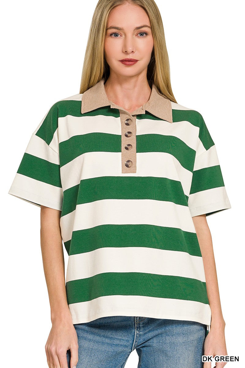 Striped Collared Polo Top DARK GREEN