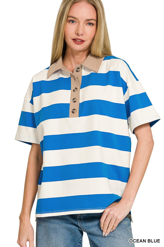 Striped Collared Polo Top OCEAN BLUE