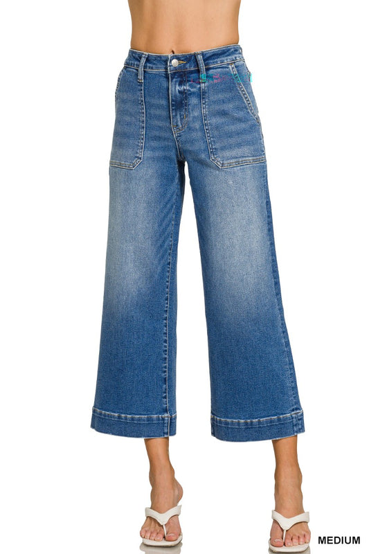 Utility Pocket Cropped Wide Leg Denim Pants