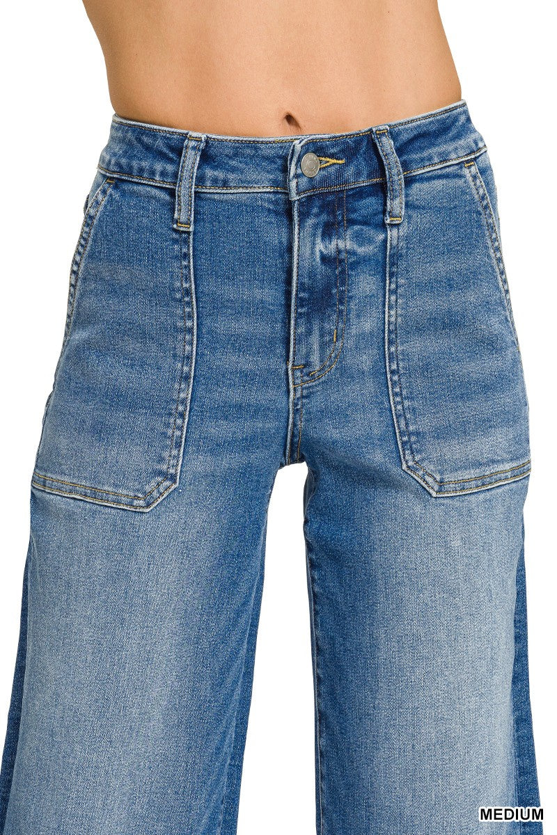 Utility Pocket Cropped Wide Leg Denim Pants