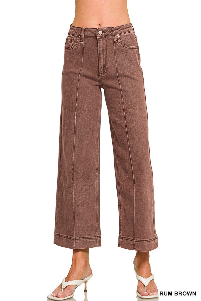 High Rise Wide Leg Pintuck Color Denim Pants Brown Rum