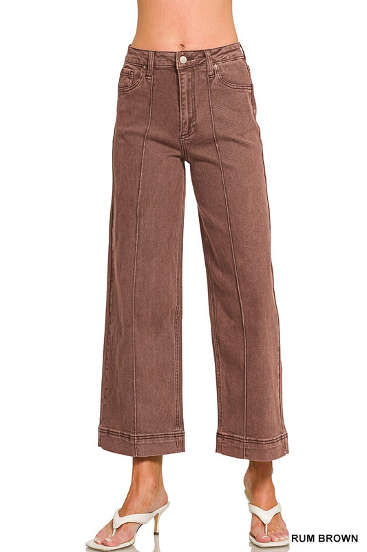 High Rise Wide Leg Pintuck Color Denim Pants Brown Rum