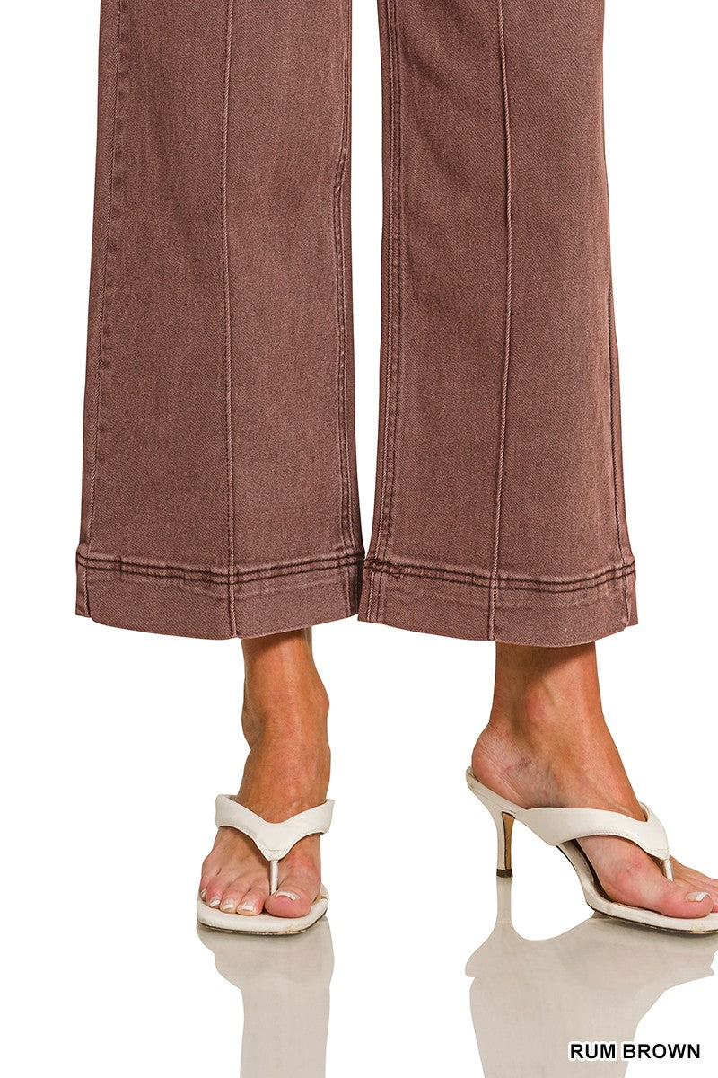 High Rise Wide Leg Pintuck Color Denim Pants Brown Rum