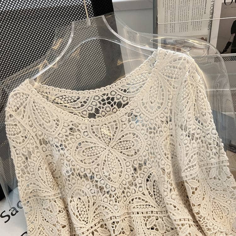 Bohemia Ecru Crochet Lace bell flare sleeve tee top cover up: White / M