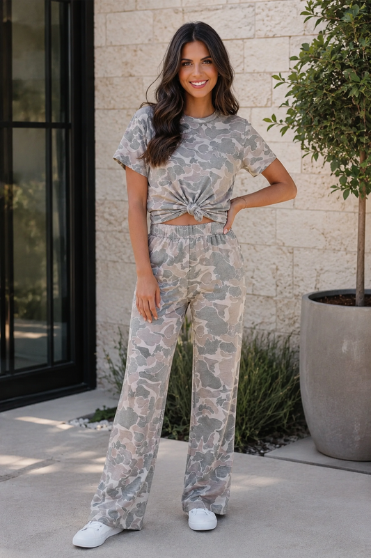 Camouflage Short Sleeve Top and High Waist Wide Leg Pants Set