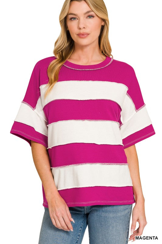 FRENCH TERRY STRIPED EXPOSED SEAM TOP magenta