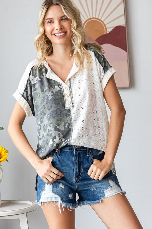 Leopard Camo Button Front Short Sleeve Top T5946......