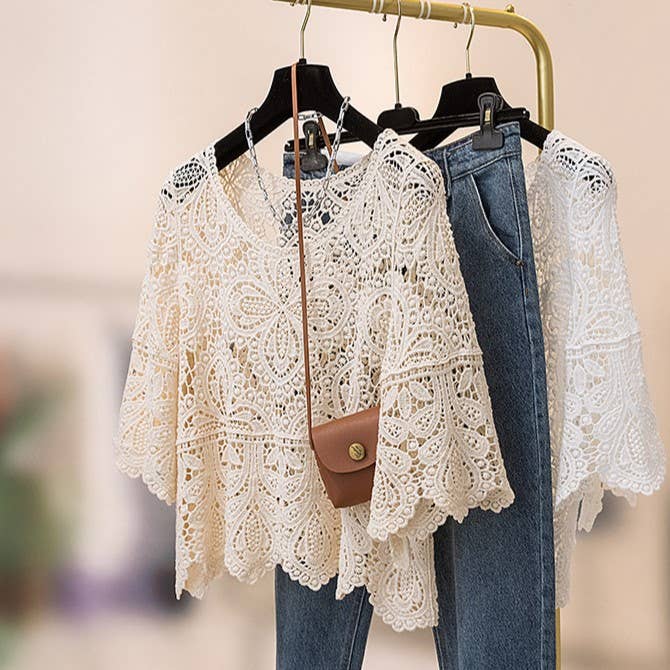 Bohemia Ecru Crochet Lace bell flare sleeve tee top cover up: White / M