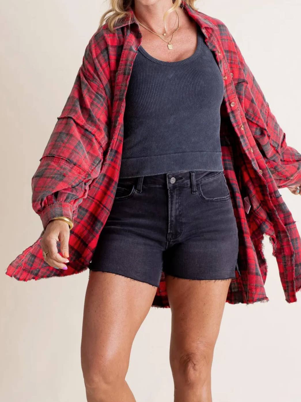 Oversize Button Down Raw Edge Plaid ShIRT