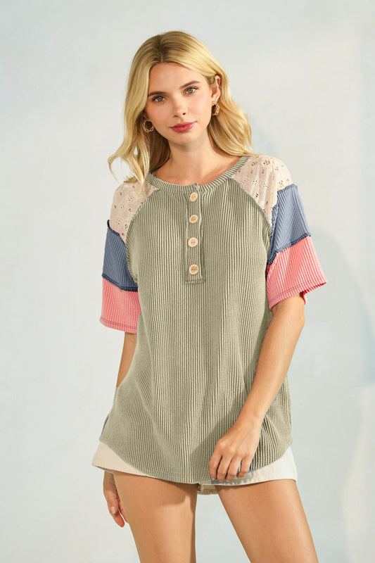 Rib Patchwork Button Front Raglan Short Sleeve Top