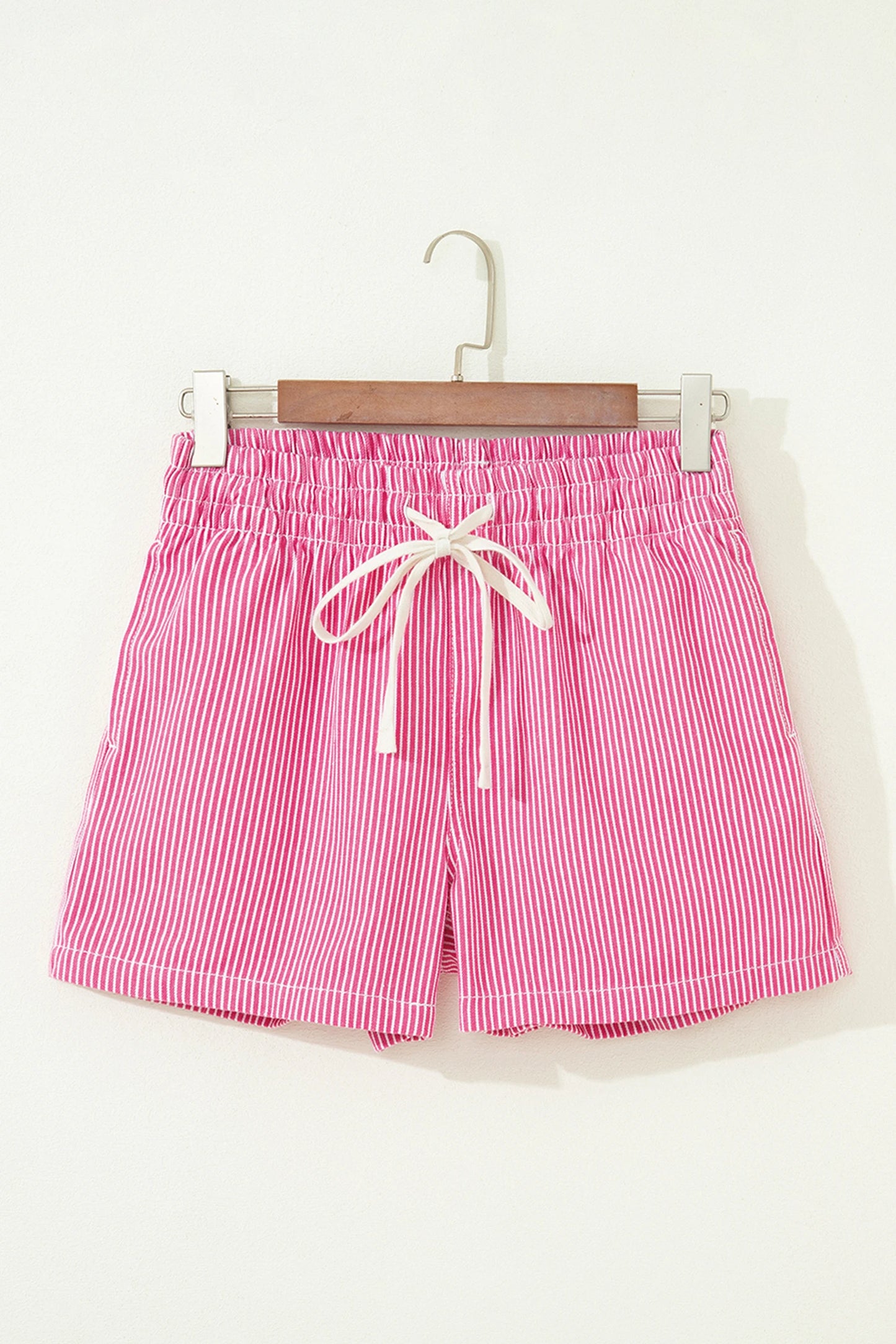 Pink Stripe Drawstring Elastic Waist Casual Denim Shorts