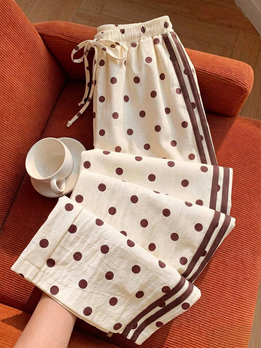 Cream Polka Dot Side Stripe Wide-Leg Waist Tie Pants: Cream
