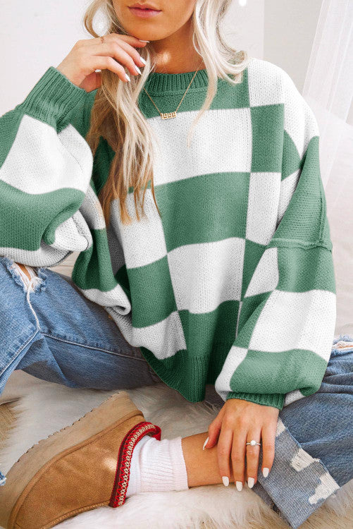 GREEN CHECKERED BISHOP SLEEVE SWEATER