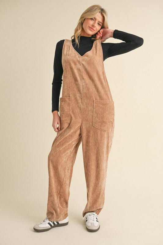 Velvet Baggy V-neck Jumpsuit