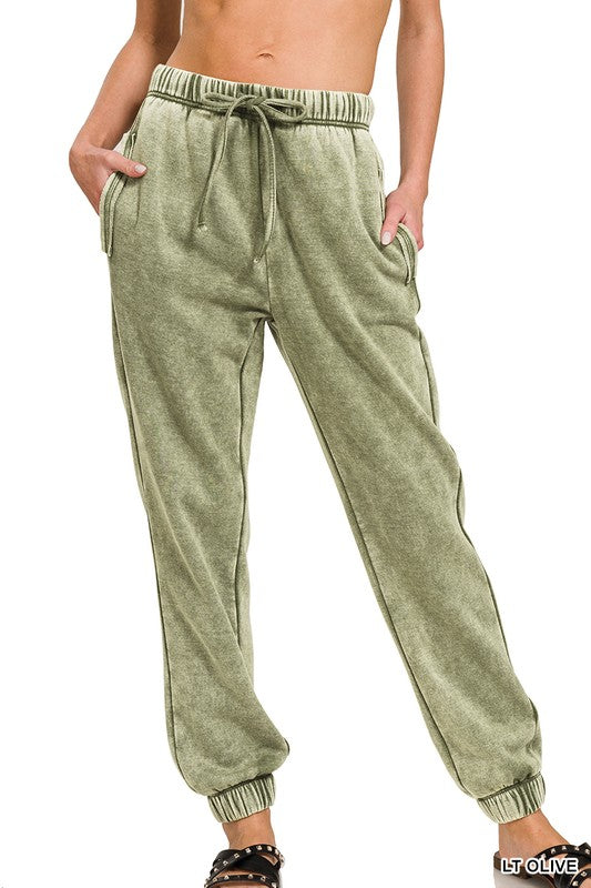 OLIVE ACID WASH FLEECE SWEATPANTS WITH POCKETS
