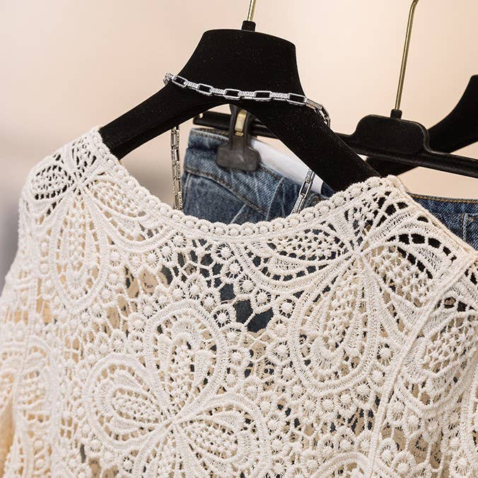Bohemia Ecru Crochet Lace bell flare sleeve tee top cover up: White / M