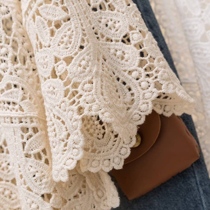 Bohemia Ecru Crochet Lace bell flare sleeve tee top cover up: White / M