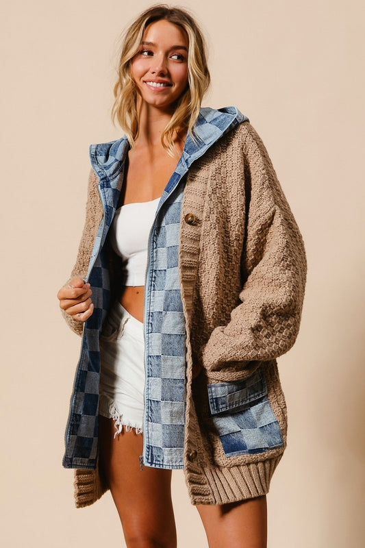 Washed Checker Denim Zip Up Sweater Cardigan