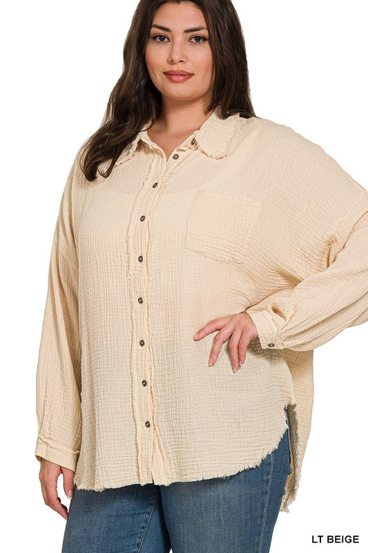 PLUS SIZE DOUBLE GAUSE RAW EDGE SHIRT