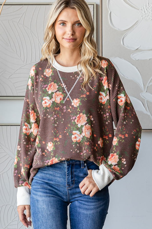 FALL Rib Floral Print Pullover Top