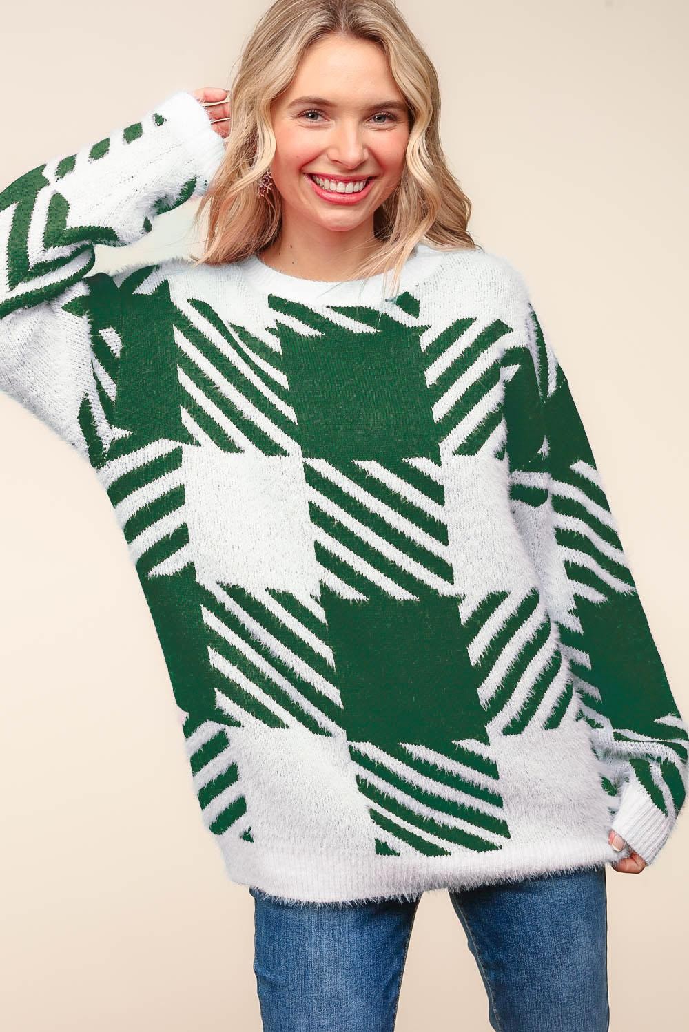 PLAID PATTERN SOFT BRUSHED HAIRY SWEATER TOP