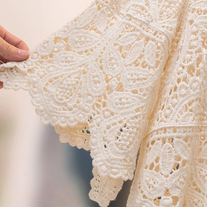 Bohemia Ecru Crochet Lace bell flare sleeve tee top cover up: White / M