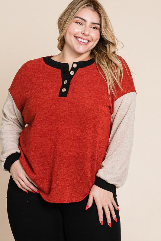 Plus Size Solid Mir Knit Casual Long Sleeve Top