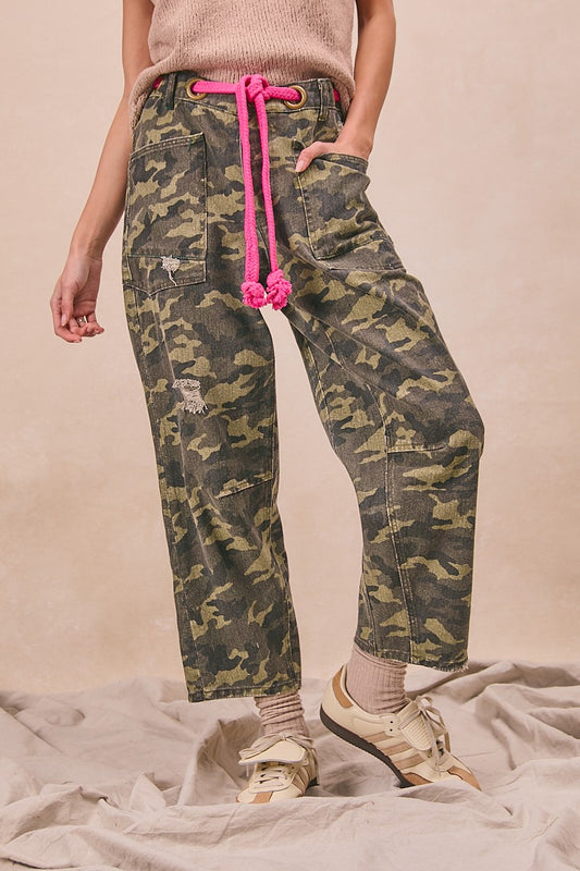 Braided Waist Belt Patch Pockets Camouflage Print