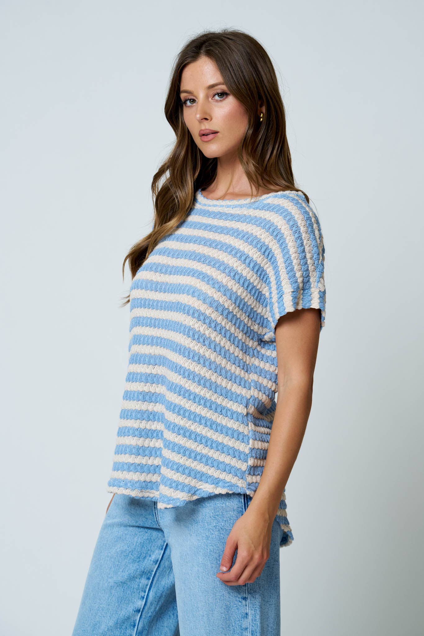 TEXTURED STRIPE ROUND NECK DOLMAN SLEEVE KNIT TOP: BROWN