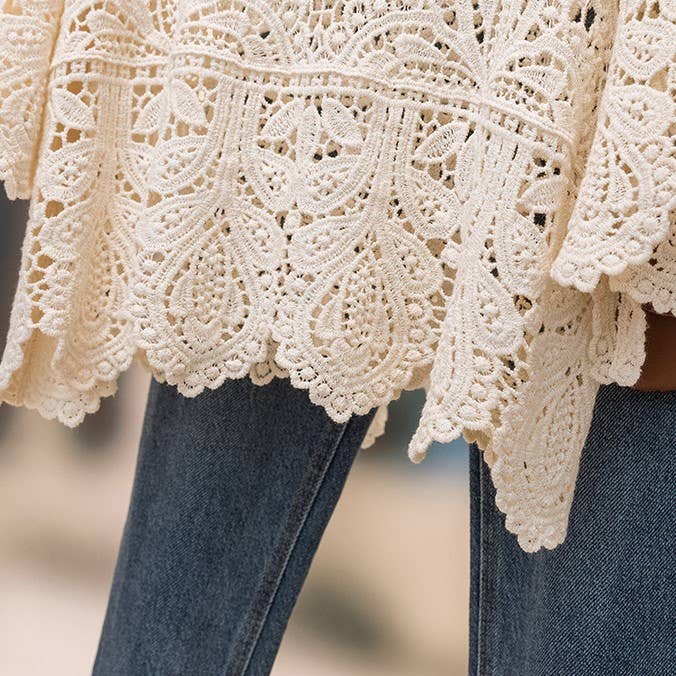 Bohemia Ecru Crochet Lace bell flare sleeve tee top cover up: White / M