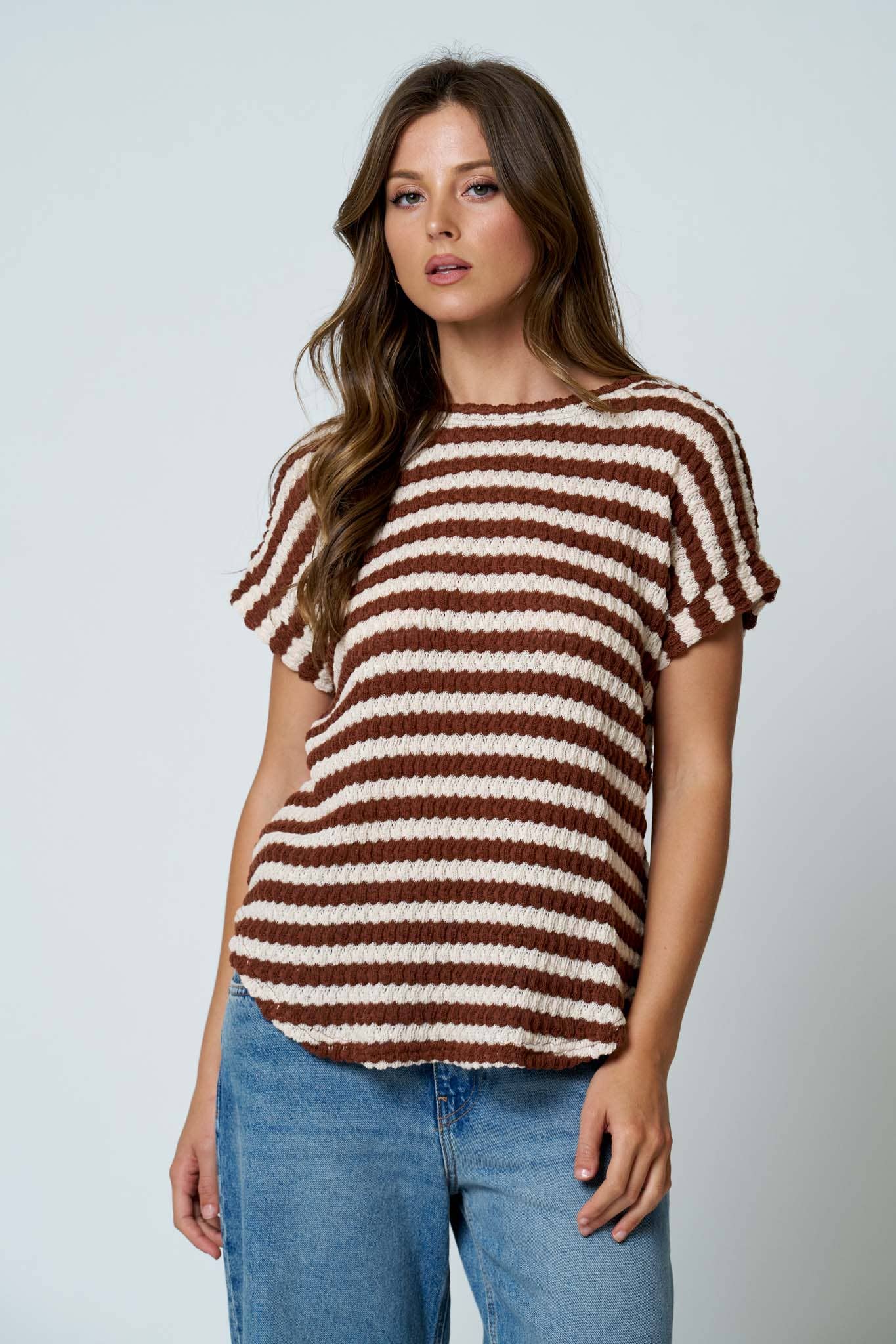 TEXTURED STRIPE ROUND NECK DOLMAN SLEEVE KNIT TOP: BROWN
