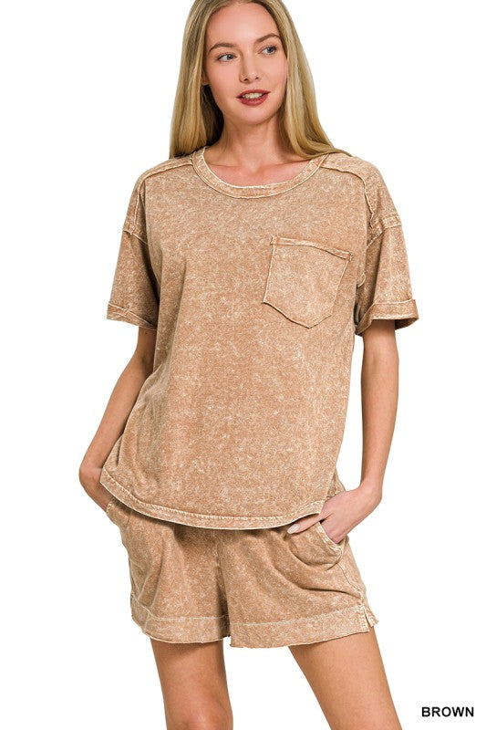 HALO SNOW WASHED EXPOSED SEAM TOP &
SHORTS SET BROWN