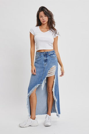 IN MY DENIM ERA Destructive Hem Skirt