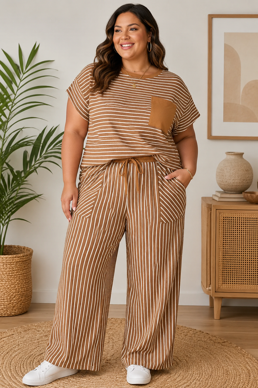 Khaki Stripe Plus Size Striped Colorblock Pocket PLUS SIZE  Set