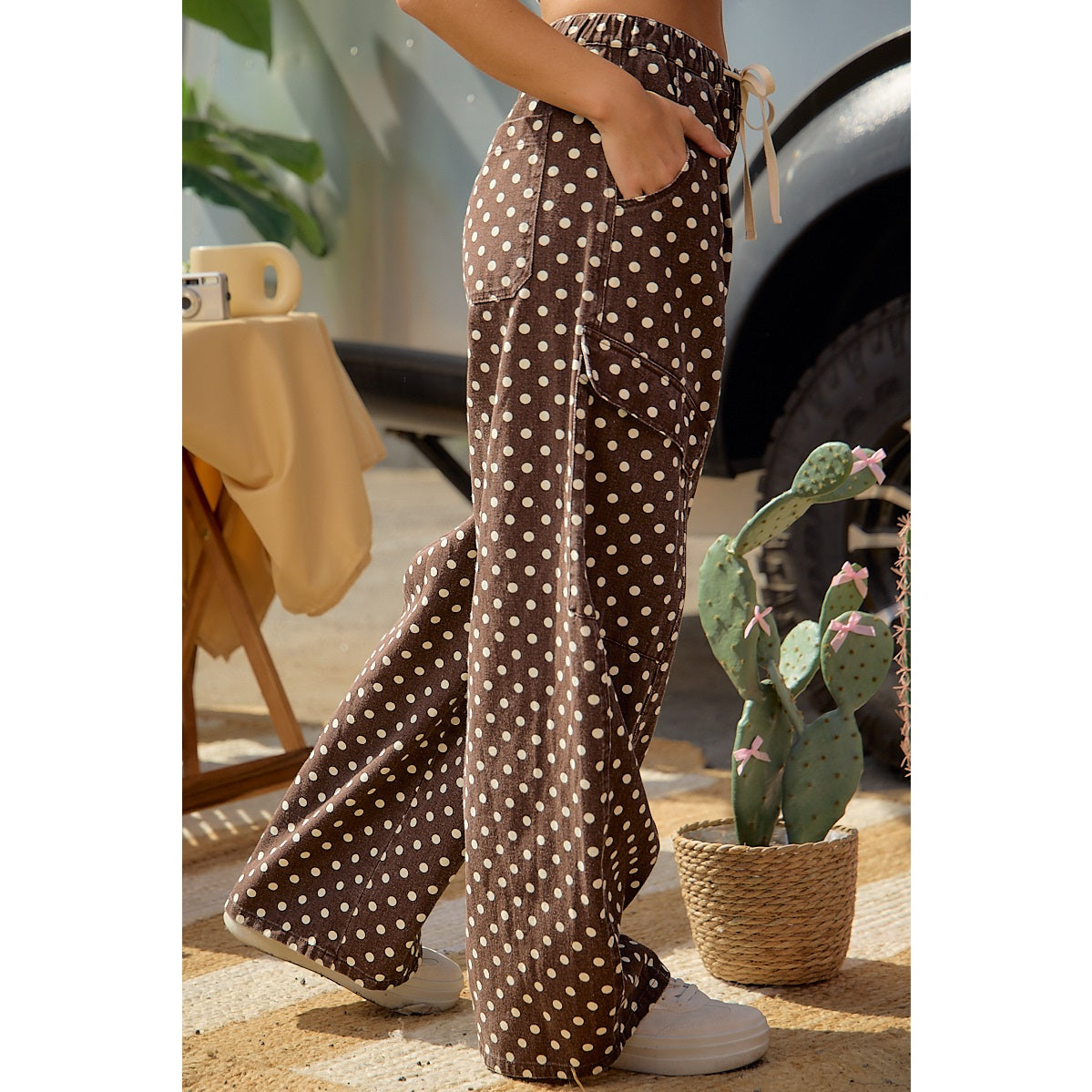 Brown Polka Dot Wide Leg Cargo Pants