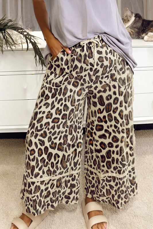 Khaki Leopard Drawstring Wide Leg Cropped Pants